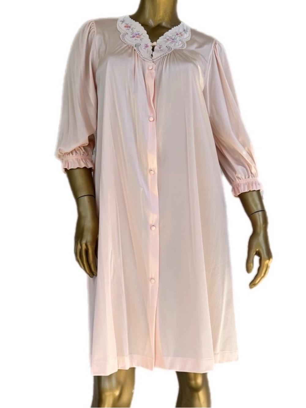 Vintage LORRAINE Antron 3 nylon floral embroidered Pink Nightgown size S, USA